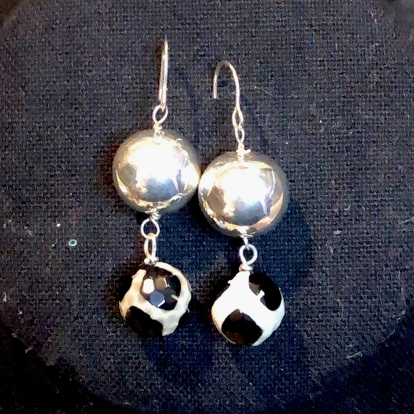 SIMON SEBBAG Sterling Silver Hammered Turtle Shell Agate Drop Dangle Earrings - Picture 4 of 11